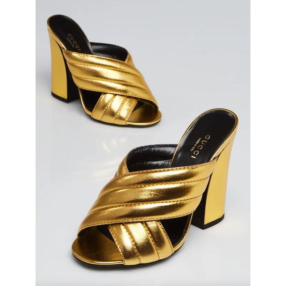 Gucci Metallic Gold Leather Webby Sandal Cross Strap Block Heel - Picture 1 of 11